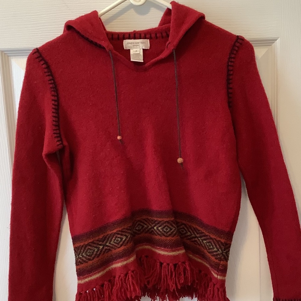 Jones New York Sport Red Lambswool Fringe Hooded Sweater Southwestern Small